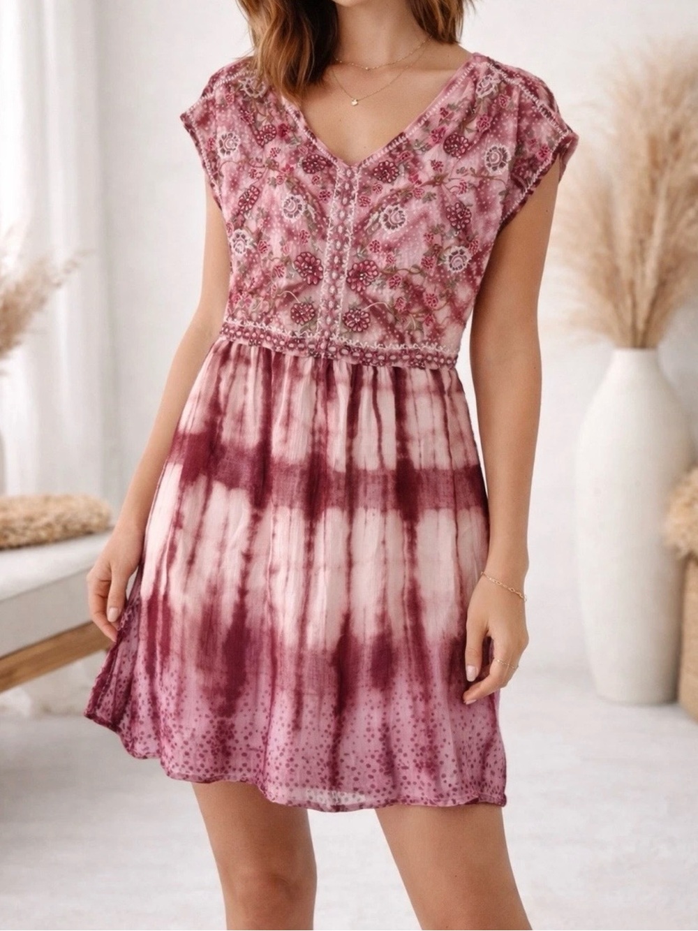Sundance Gemi Tie Dye Floral Embroidery Short Sleeve Dress M Midi Summer Euro